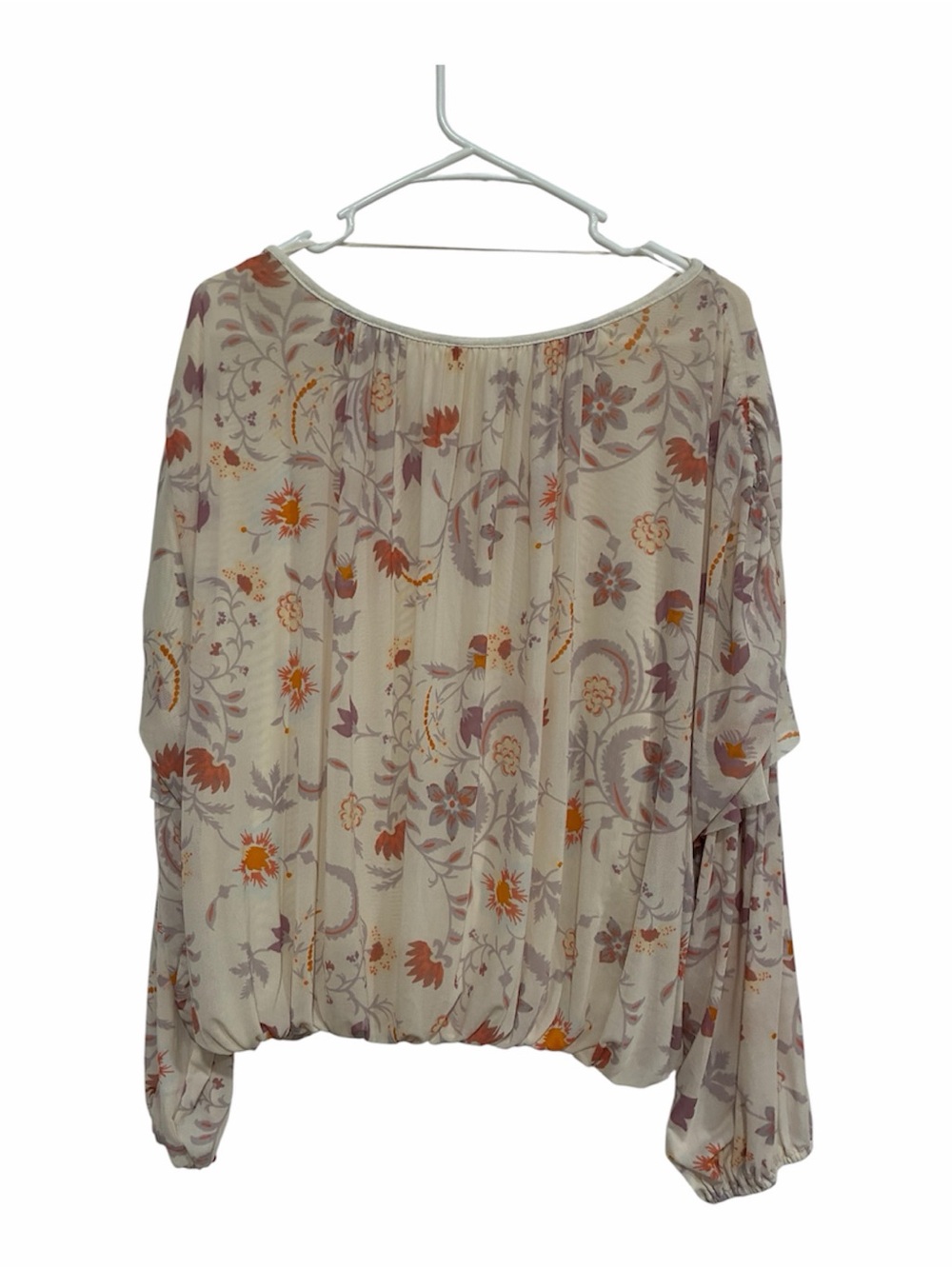 Free People Wildflower Floral Long-Sleeve mesh Blouse Cream bubble hem